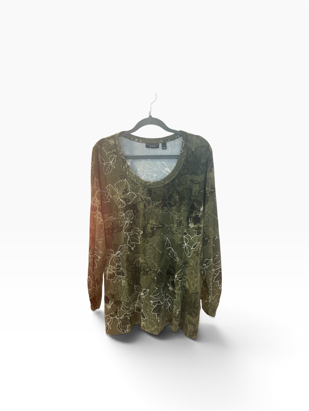 Susan Graver Olive Floral Scoop Neck Long Sleeve Tee